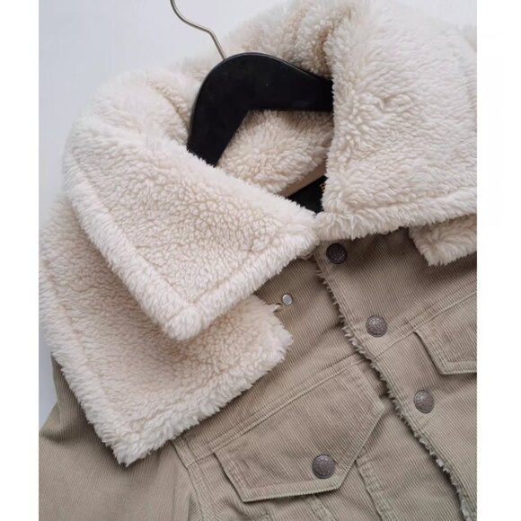 NWT R13 Crop Trucker Jacket Stone Pinwale Cord Corduroy & Faux-Sherpa - Picture 7 of 13